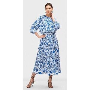 Wayward Fancies Flora Fauna Print Crepe Blousy Tiered Midi Dress Blue White 2X